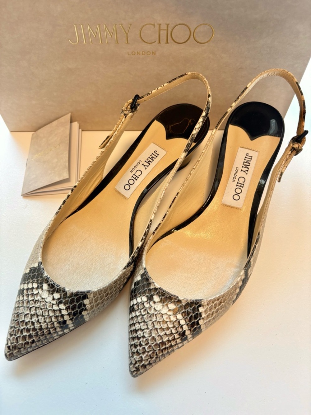 Jimmy Choo Beige and Black Snake-Print Slingback Mules *Almost New